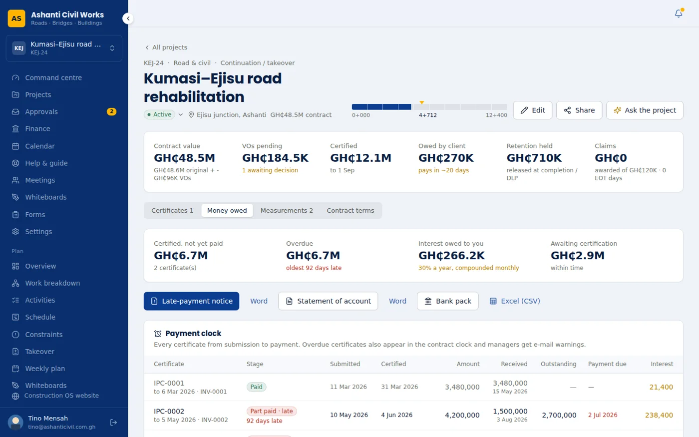 Construction OS showing the payment clock for interim payment certificates